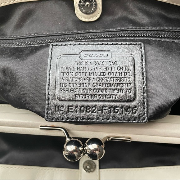 COACH Laura Spectator Satchel. All Pebble Grain Leather. Gray with White/Black. - Picture 8 of 10